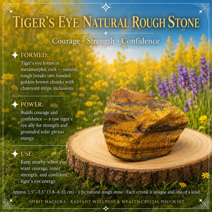 A banded golden-brown rough tiger's eye stone on a wooden slice