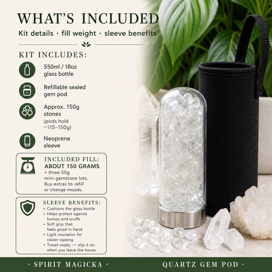 The clear quartz gem pod on its stainless steel base beside the black neoprene carry sleeve, with loose clear quartz stones in front