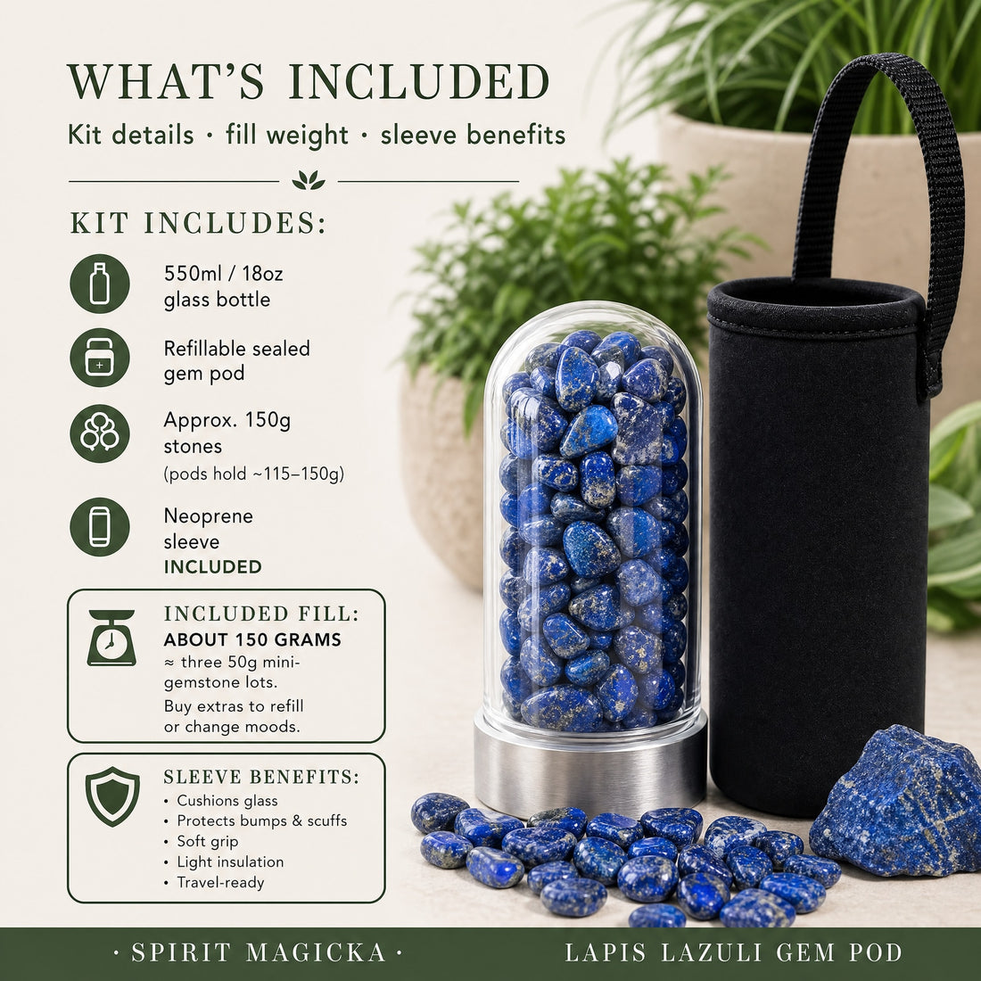 The gem pod filled with polished lapis lazuli mini stones beside the black neoprene carrying case