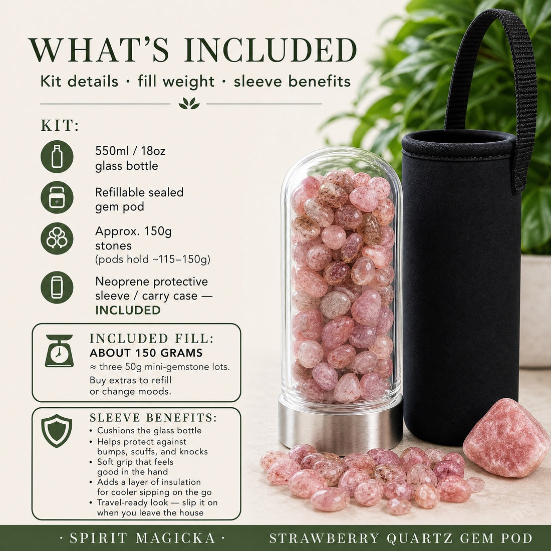 The strawberry quartz gem pod on its stainless steel base beside the black neoprene carry sleeve, with loose strawberry quartz stones in front