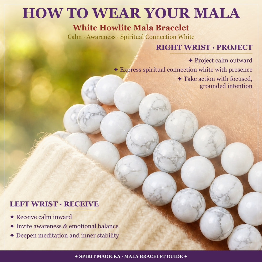 White howlite bead strands worn on a wrist beside a cream knit sleeve, with a guide to wearing the mala on the left or right wrist