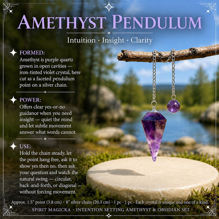 Faceted amethyst pendulum on a silver chain hanging from a branch above a stone slab