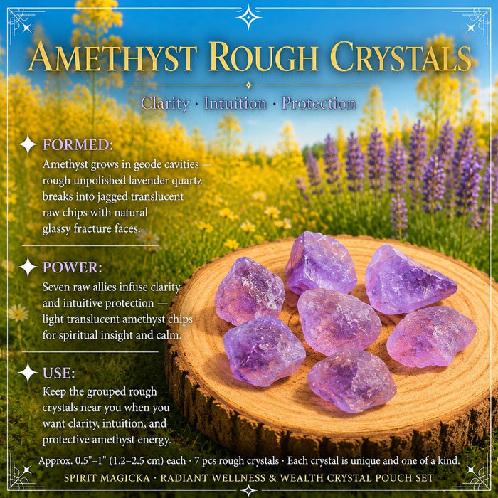 Seven lavender rough amethyst crystals on a wooden slice