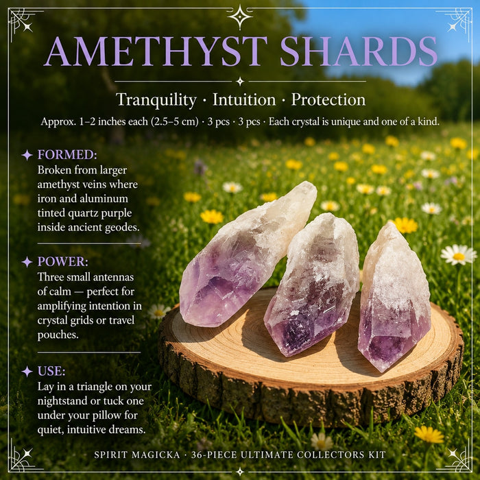 Three raw amethyst shards