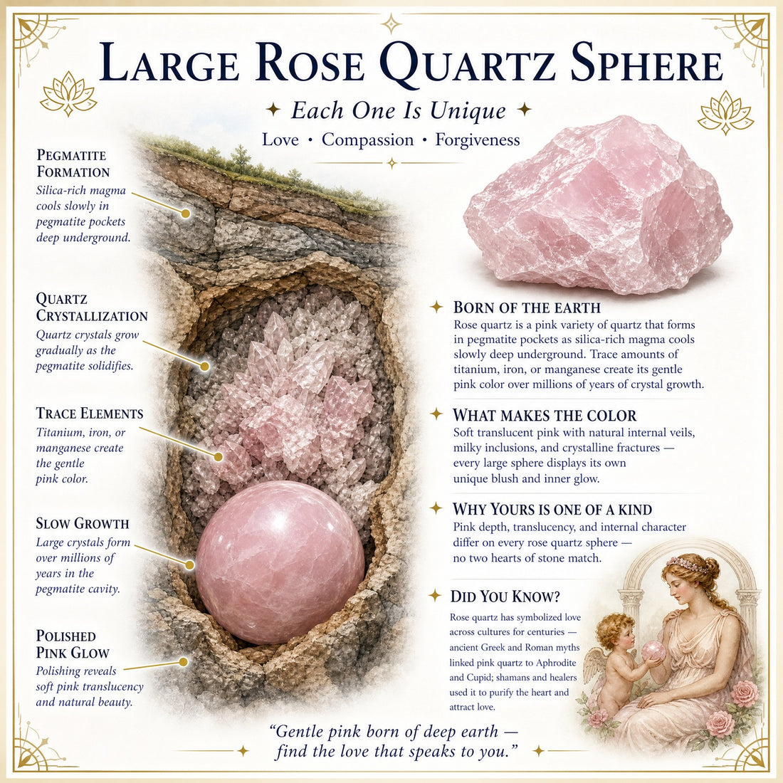Illustration of rose quartz forming deep underground, with a rough rose quartz piece and a polished sphere