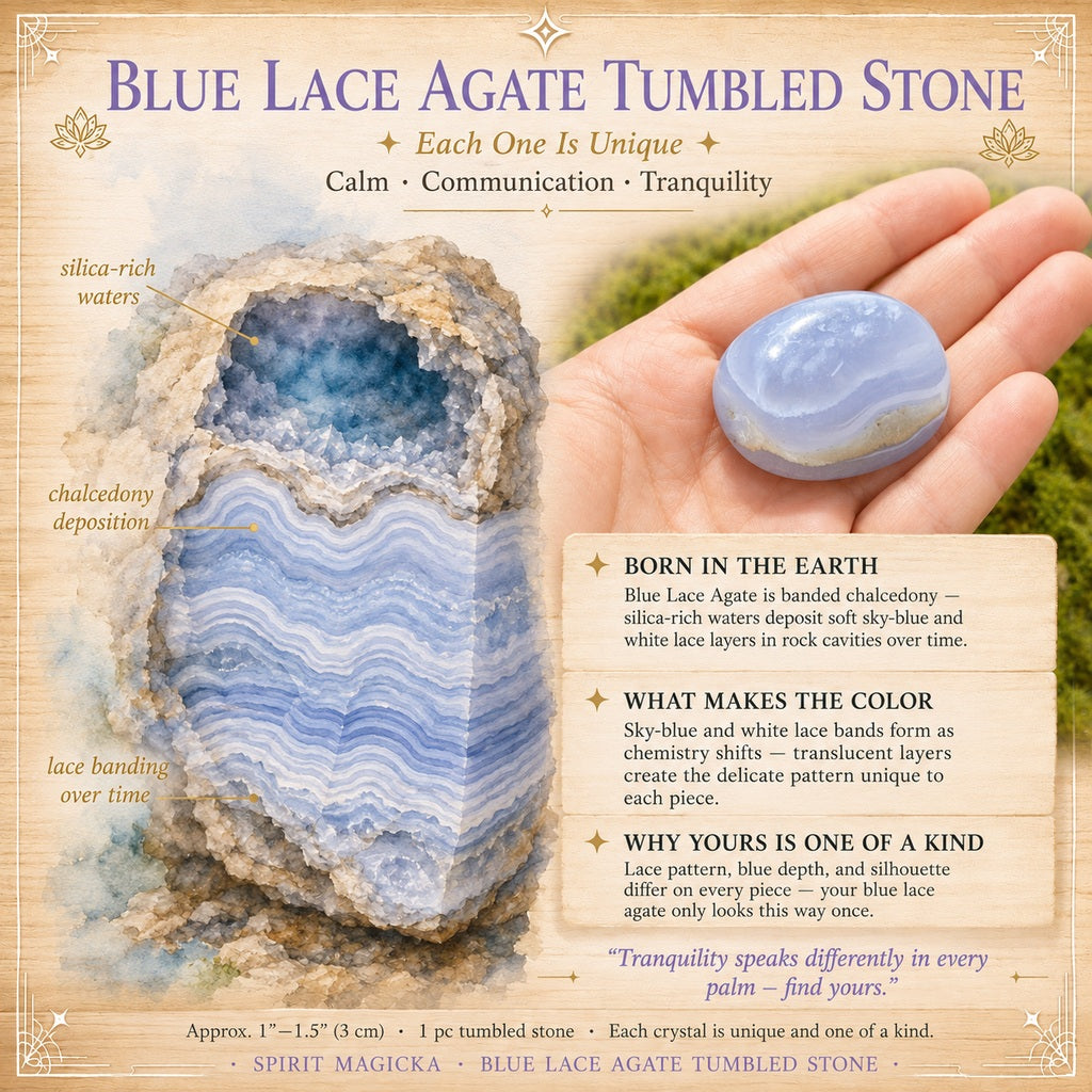 Illustration of sky-blue and white lace bands forming inside a rock cavity, beside a tumbled blue lace agate resting in an open palm