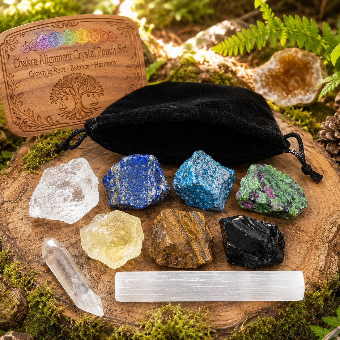 Seven rough chakra stones, a clear quartz shard and a selenite wand laid out in front of a black velvet pouch on a mossy wood round