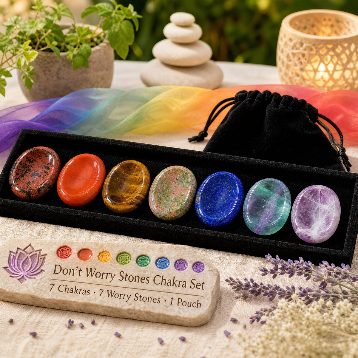 Don't Worry Stones Chakra Set + Bolsa Terciopelo