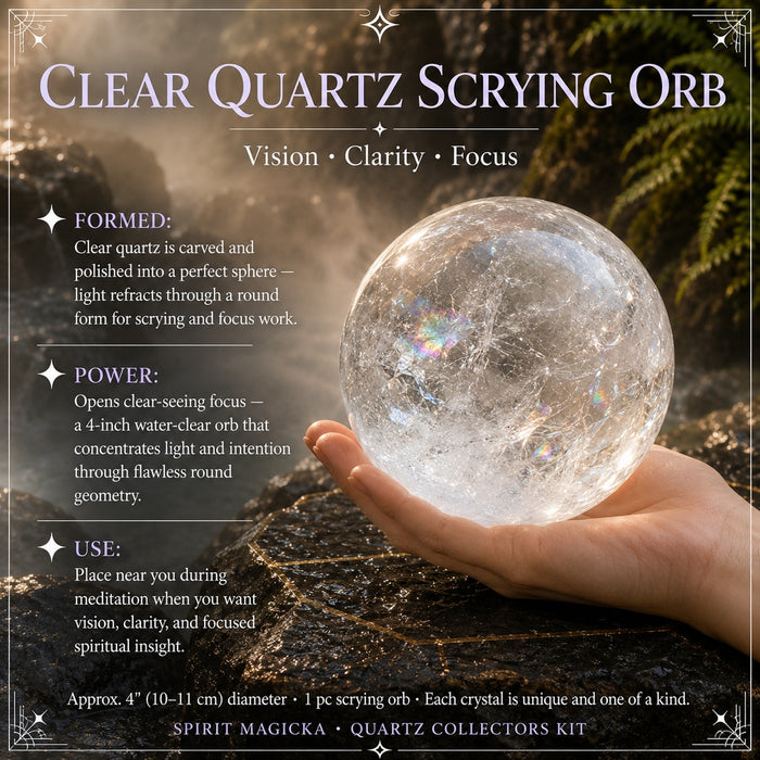 A large clear quartz scrying orb held in one hand, flashing rainbows