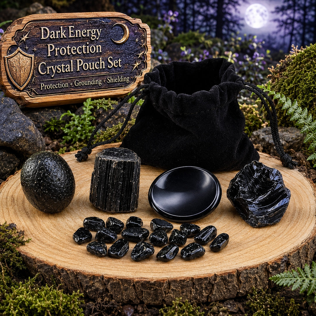 The full set on a wooden slice: tektite, black tourmaline, an obsidian worry stone, rough obsidian and fifteen tumbled tourmaline minis in front of a black velvet pouch