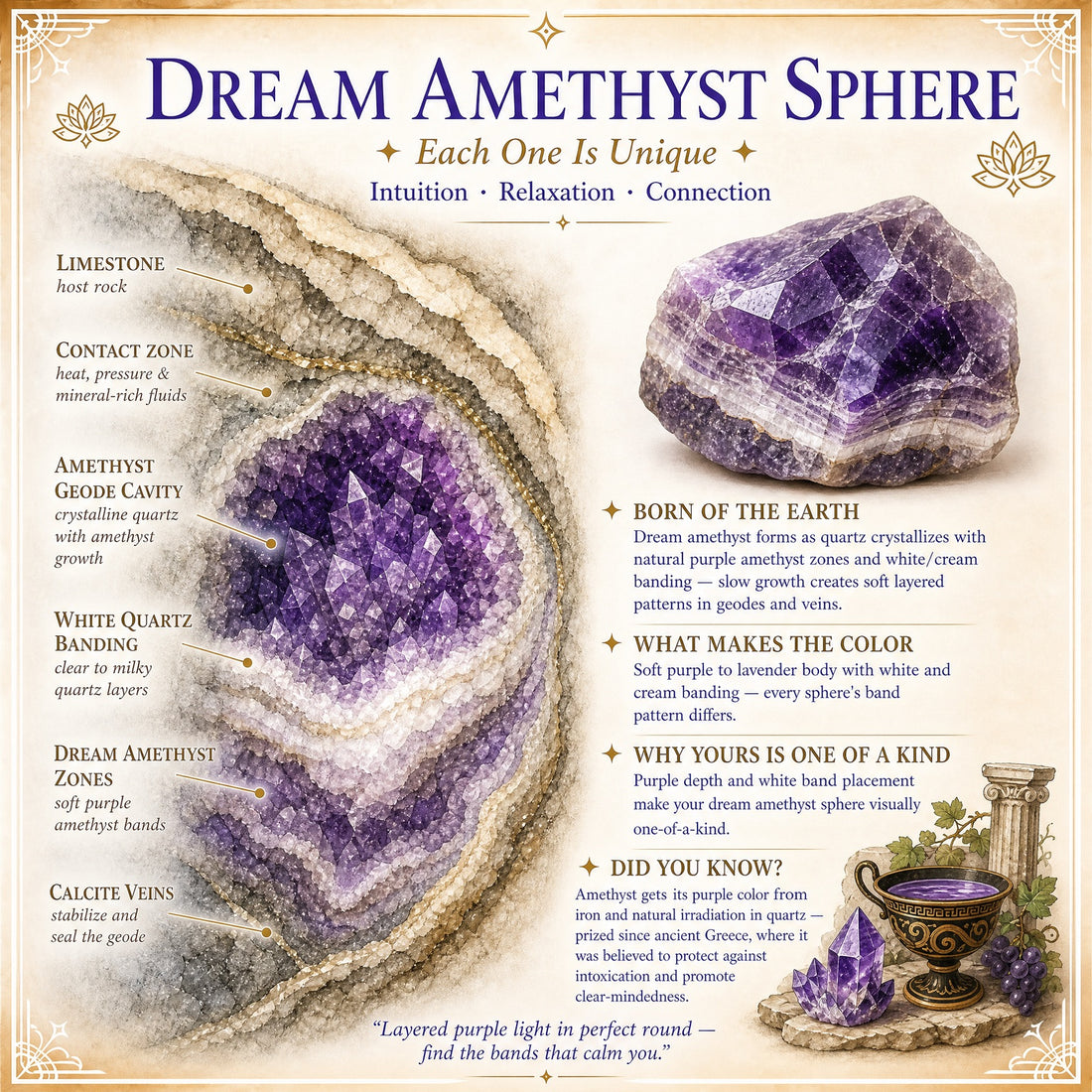 Illustrated chart of how dream amethyst forms in layered purple and white quartz bands, beside a raw dream amethyst stone and an ancient amethyst cup