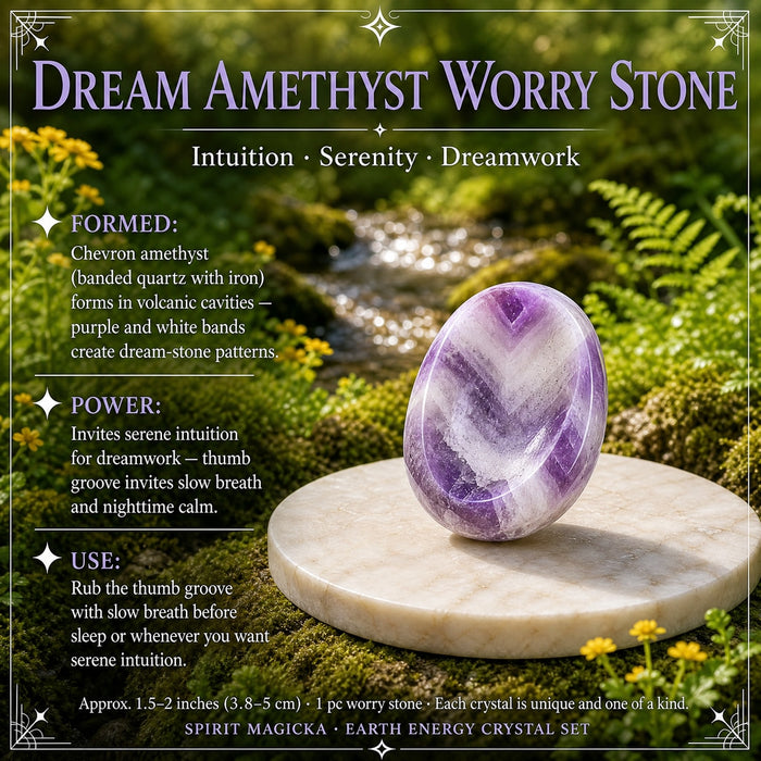 Purple and white banded dream amethyst worry stone with a thumb groove