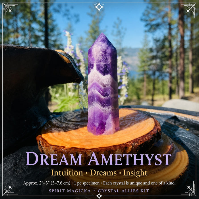 A polished dream amethyst point with purple and white chevron bands standing on a wood slice