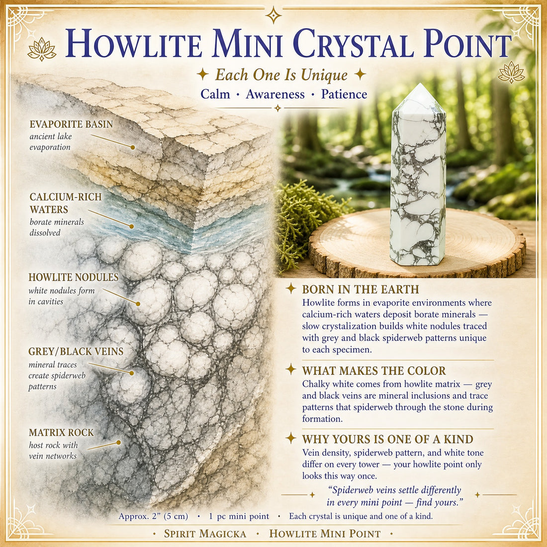 Illustrated guide to howlite nodules forming with gray veins in the earth, beside a howlite point standing on a wood slice