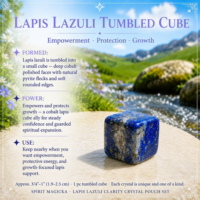 Polished lapis lazuli cube with rounded edges and gold flecks