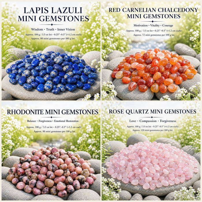 Piles of lapis lazuli, red chalcedony, rhodonite and rose quartz mini gemstones on grey stones
