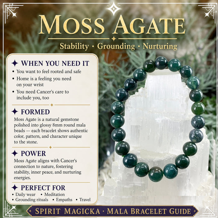 Moss agate bead bracelet on a selenite tower
