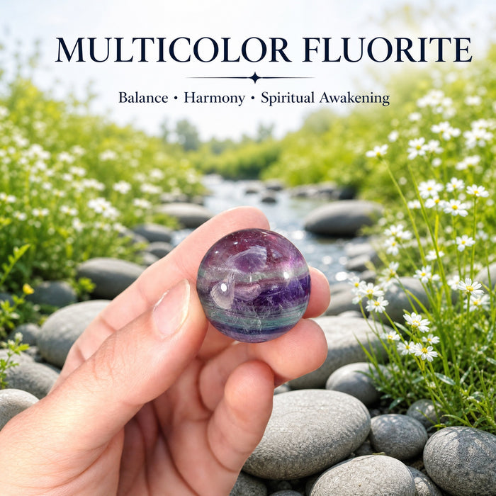 A small banded purple and green fluorite sphere held in the fingertips