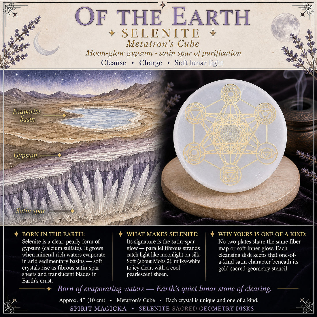Illustration of an evaporite basin where gypsum and satin spar form, beside the finished selenite disk