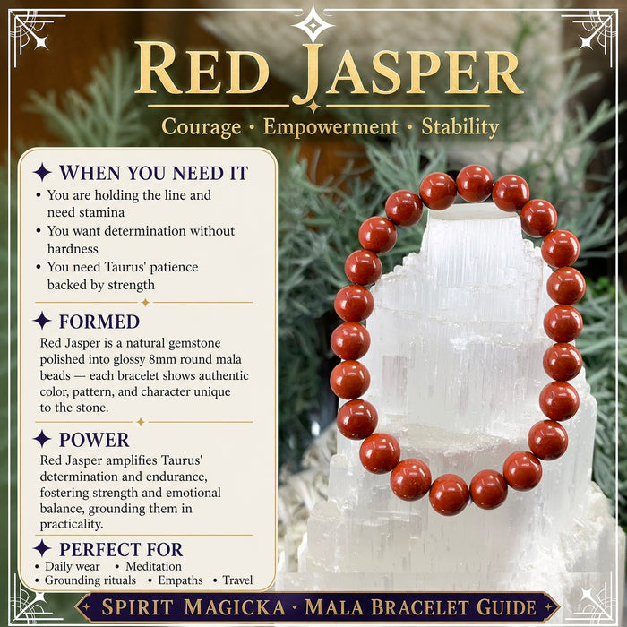 Red jasper bead bracelet on a selenite tower