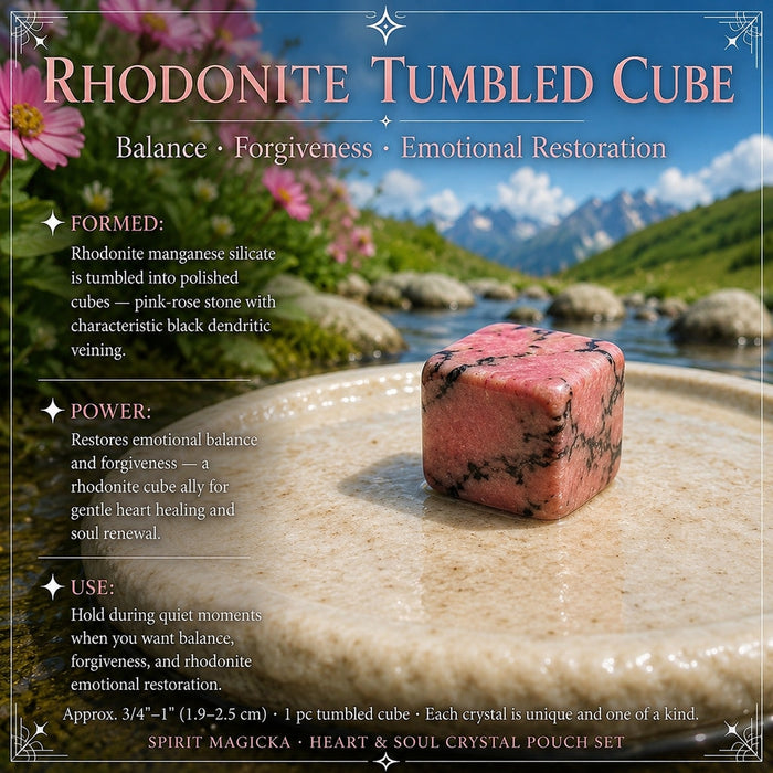 Pink rhodonite tumbled cube with black veining