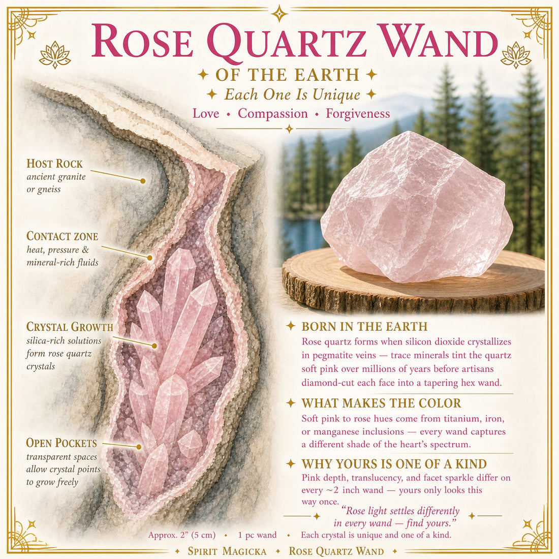Illustration of rose quartz crystals growing inside the earth beside a rough rose quartz stone