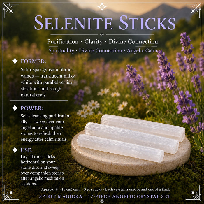 Three white selenite sticks resting on a stone disc