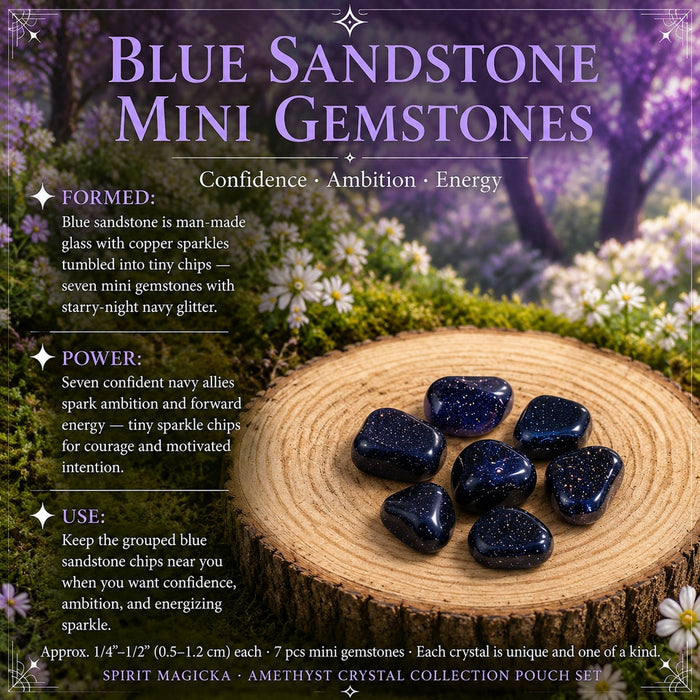 Seven tumbled blue sandstone mini gemstones with copper sparkles on a wood slice