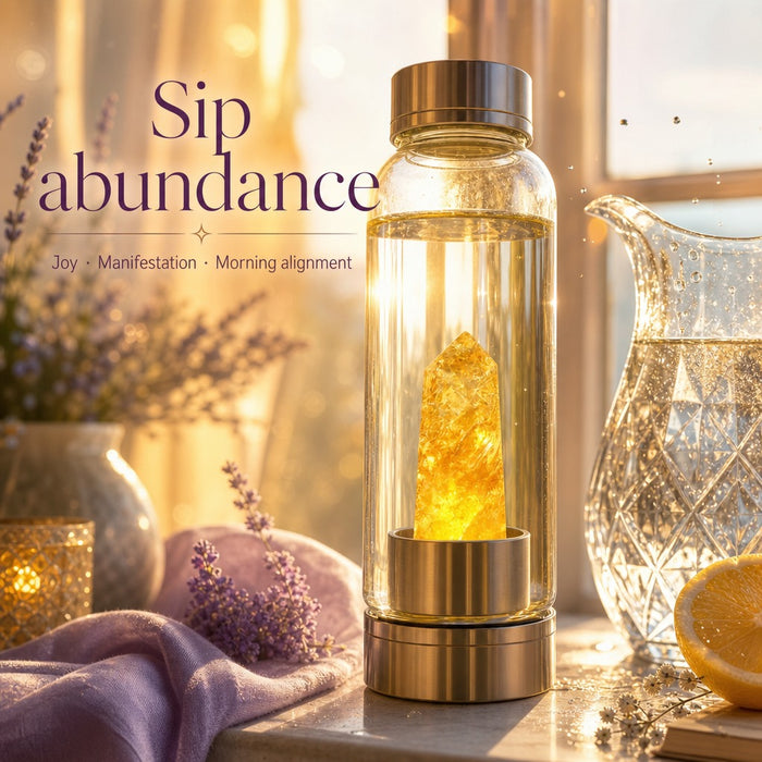 Water bottle with a golden citrine point insert glowing in warm morning light