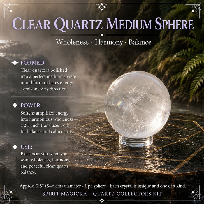 A medium clear quartz sphere on a small clear stand
