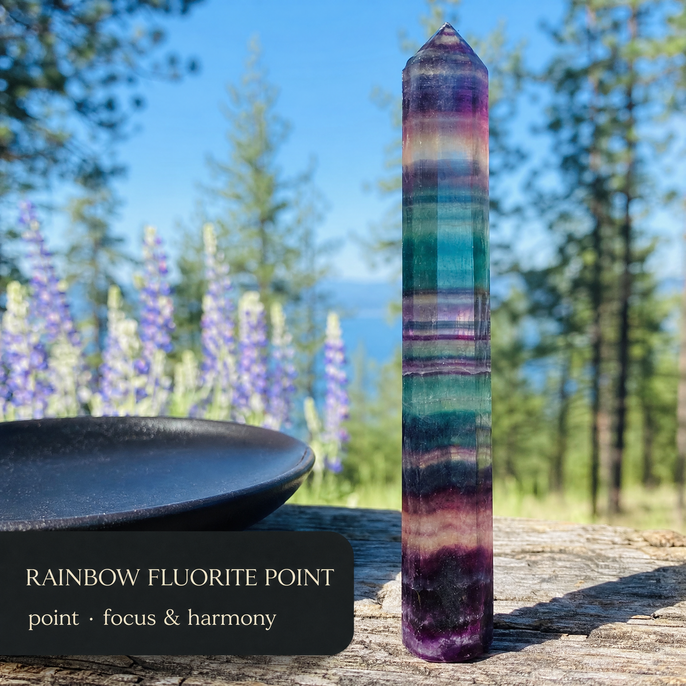Rainbow Fluorite point — focus and harmony