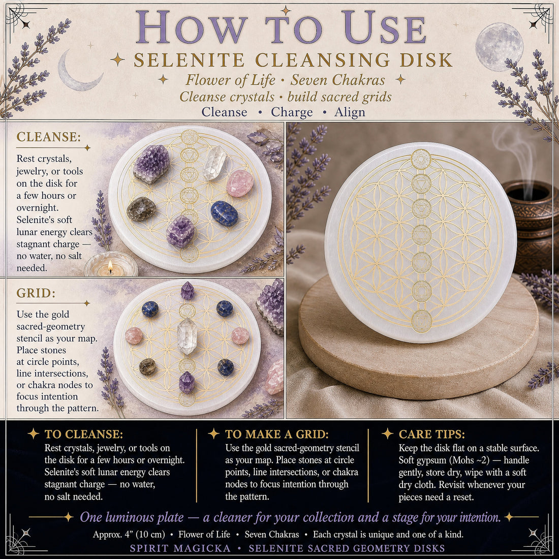 The selenite disk holding amethyst, quartz, rose quartz and lapis stones, and the same disk laid out as a crystal grid