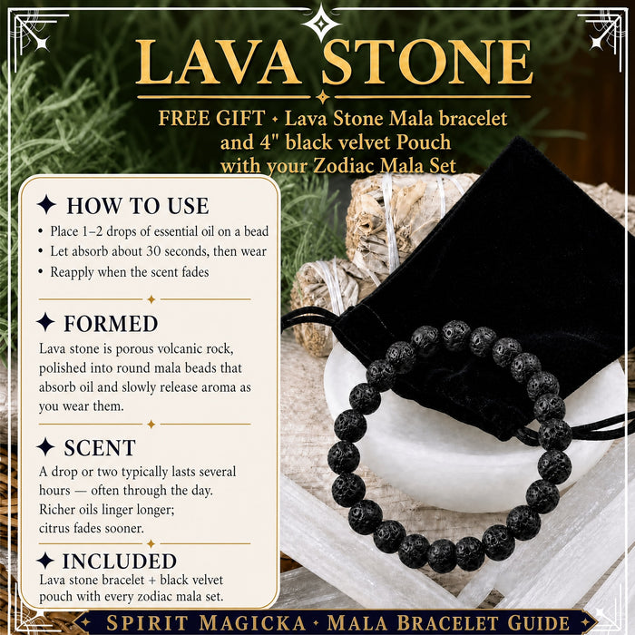 Black lava stone bead bracelet resting by its black velvet pouch