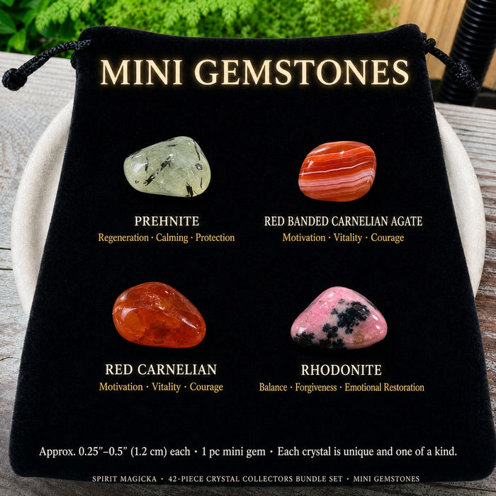 Mini gemstones: Prehnite, Red Banded Carnelian Agate, Red Carnelian and Rhodonite