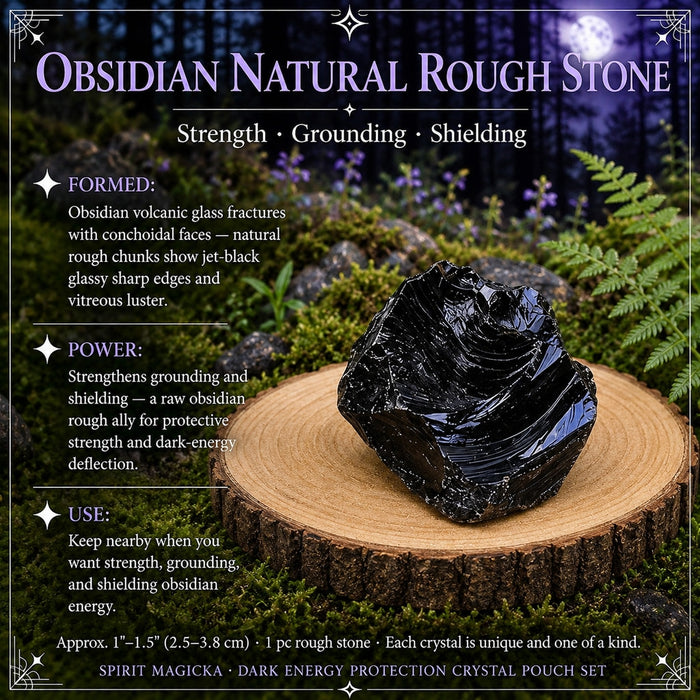 A rough piece of obsidian with glossy curved fracture faces on a wooden slice