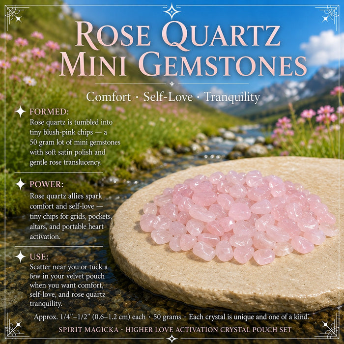 A mound of small tumbled pink rose quartz mini gemstones on a stone slab