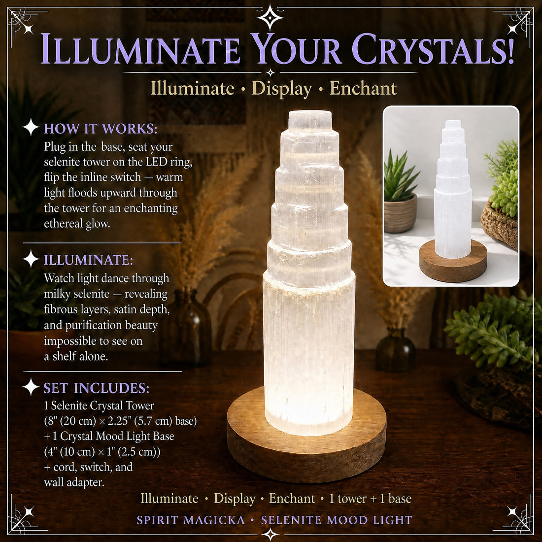 The selenite tower glowing warm white on its wooden light base in a dim room, with a daylight view of the same lamp inset