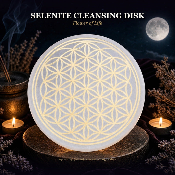 White selenite disk engraved with a gold flower of life pattern