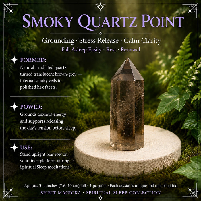 Smoky quartz point standing upright on a wooden stand