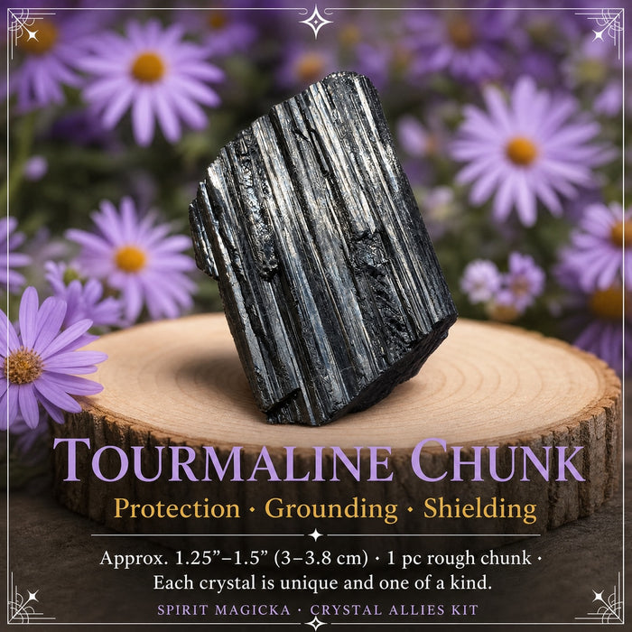A rough black tourmaline chunk with deep vertical ridges on a wood slice among purple daisies