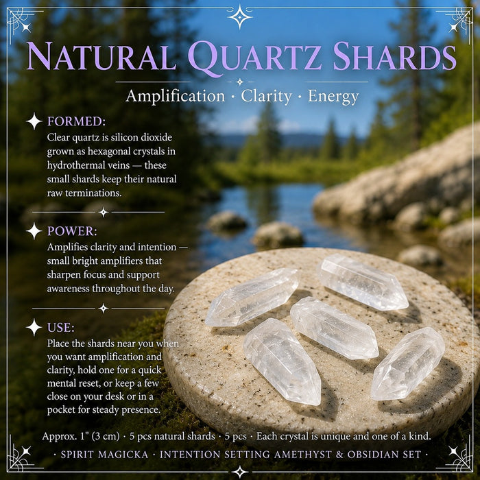 Five clear natural quartz shards on a stone slab by a lake