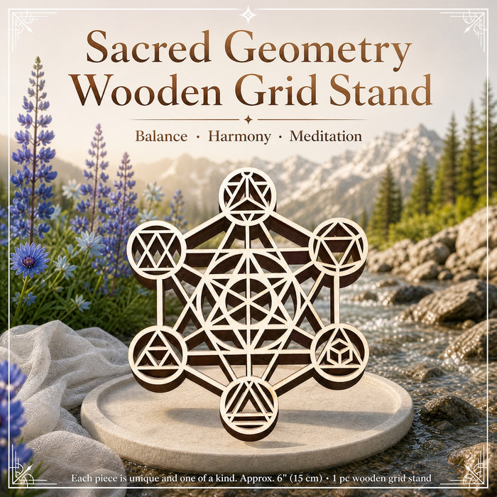 Wooden sacred geometry grid stand on a stone