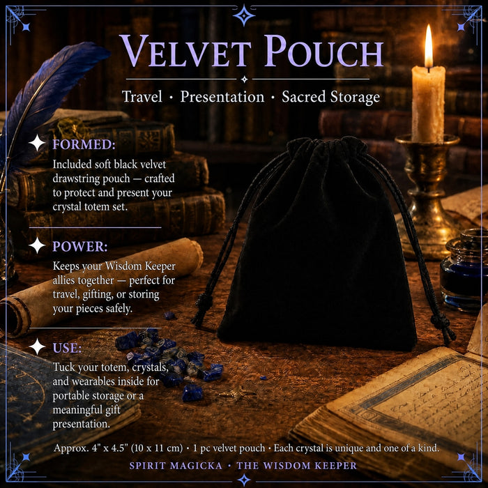 A black velvet drawstring pouch on a desk by candlelight, with a guide card