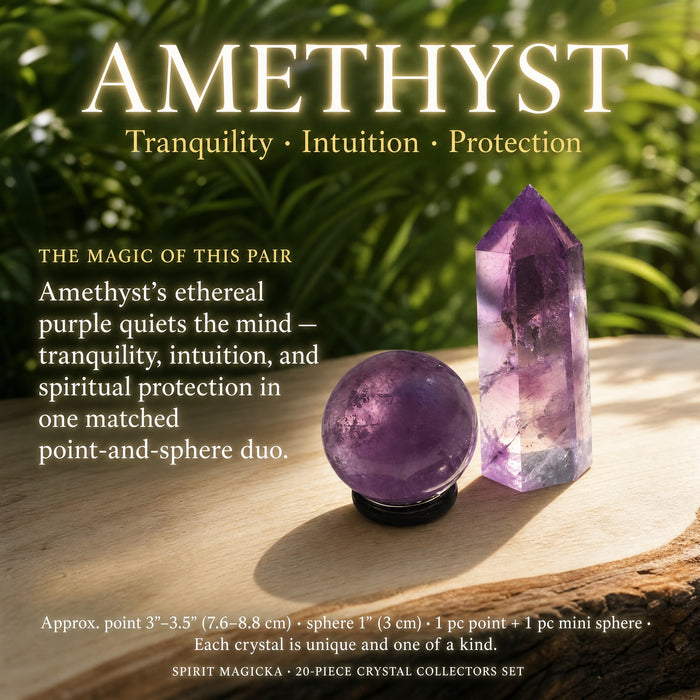 An amethyst point beside an amethyst mini sphere