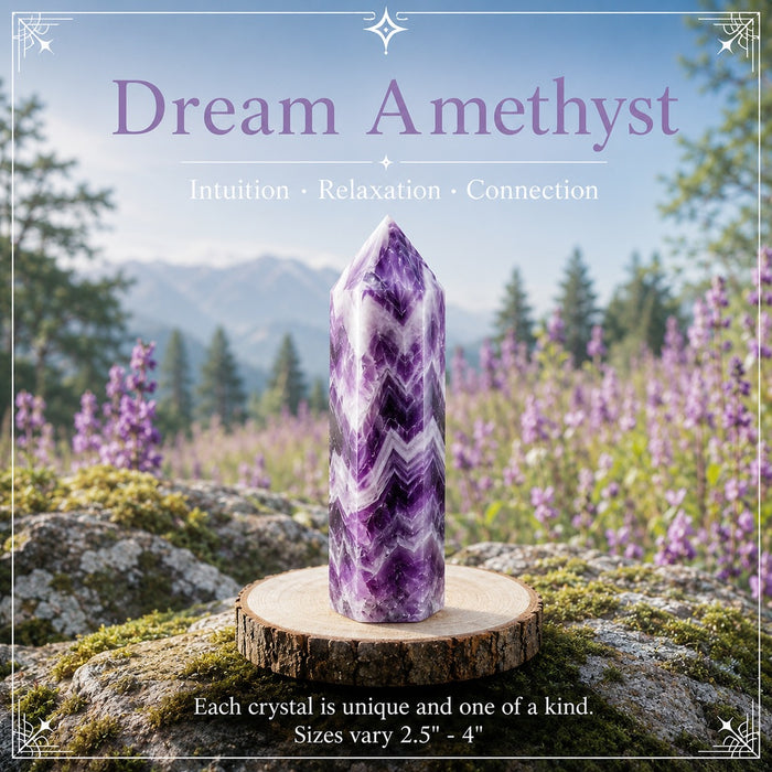 Dream Amethyst crystal point with banded purple and white layers