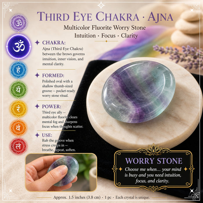 Multicolor fluorite worry stone in green and purple bands