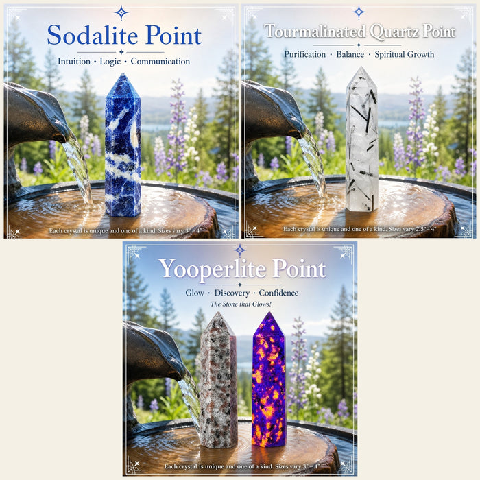Sodalite, tourmalinated quartz and yooperlite points beside a garden fountain, with yooperlite also shown glowing