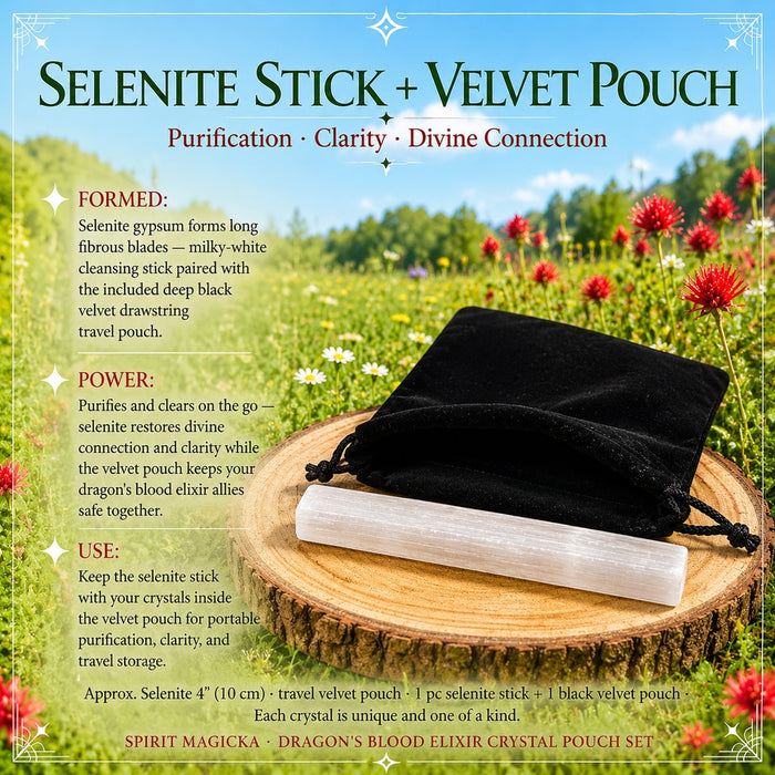 White selenite stick in front of a black velvet drawstring pouch
