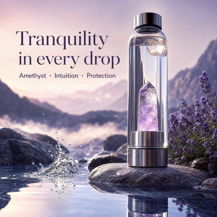 Water bottle with a purple amethyst point insert on a rock by a misty lake