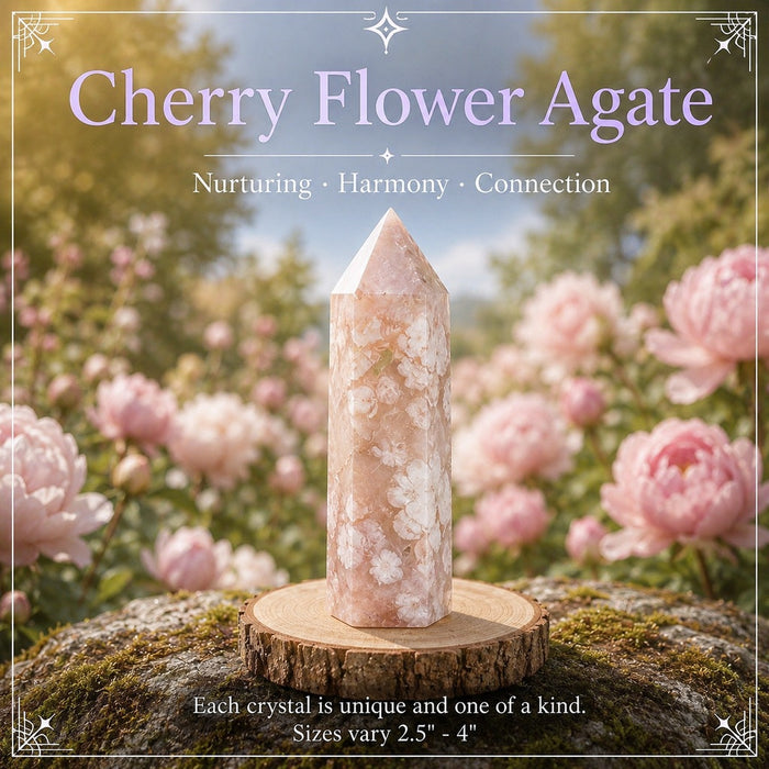 Cherry Flower Agate crystal point with pink blossom patterns